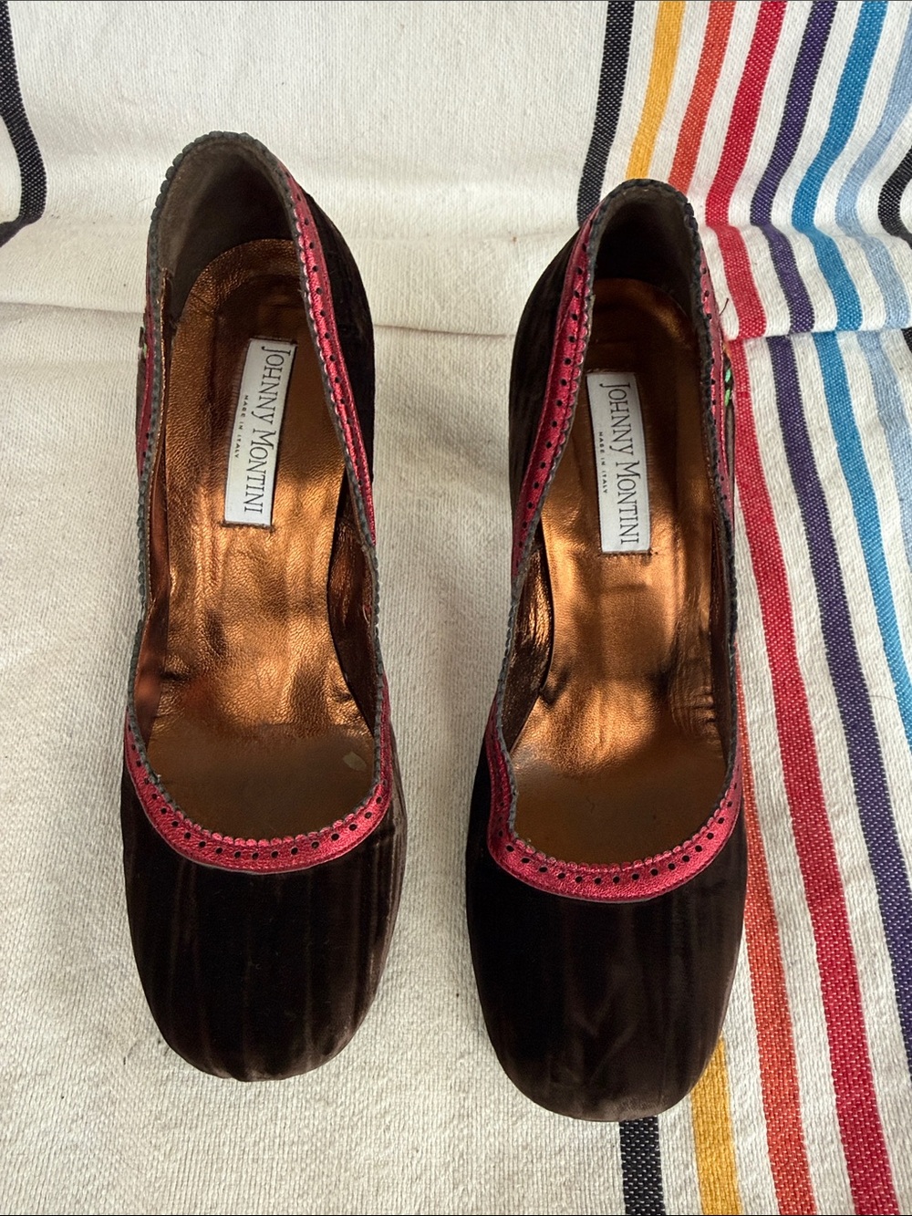 Brown Velvet Pumps with Pink Trim and embroidered flowers